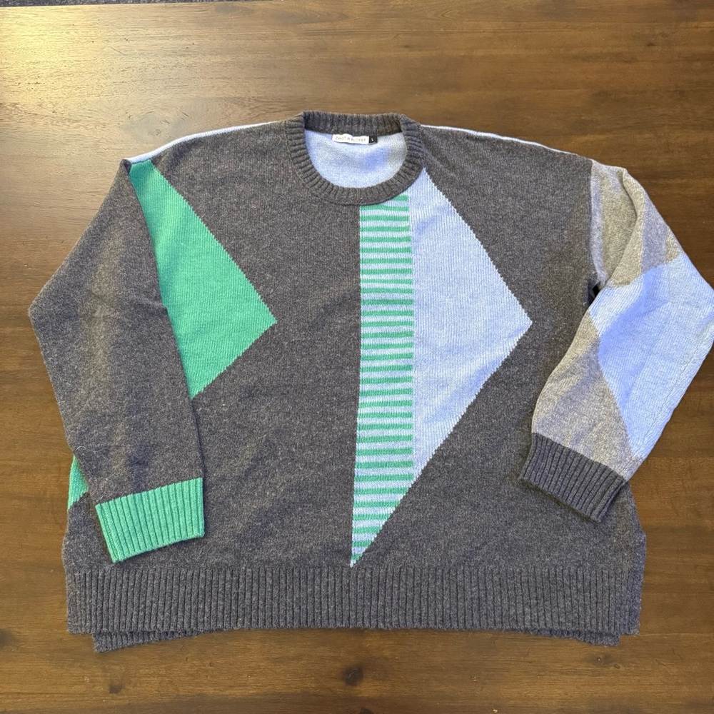 Zaket & Plover Merino Wool Blend Colorblock Geometric Intarsia Sweater Gray‎ L
